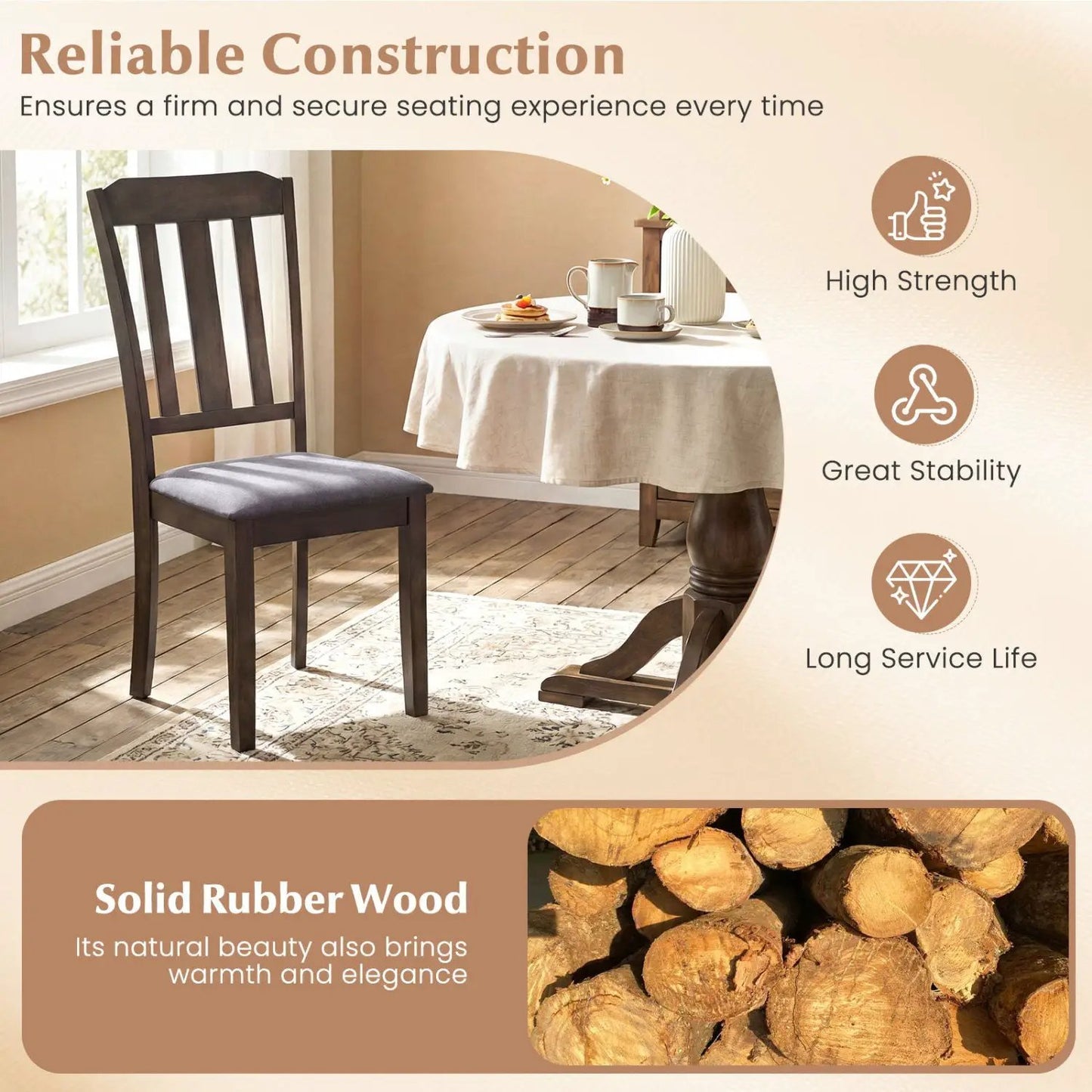 Set of 2 Rubber Wood Dining Chairs with Backrest