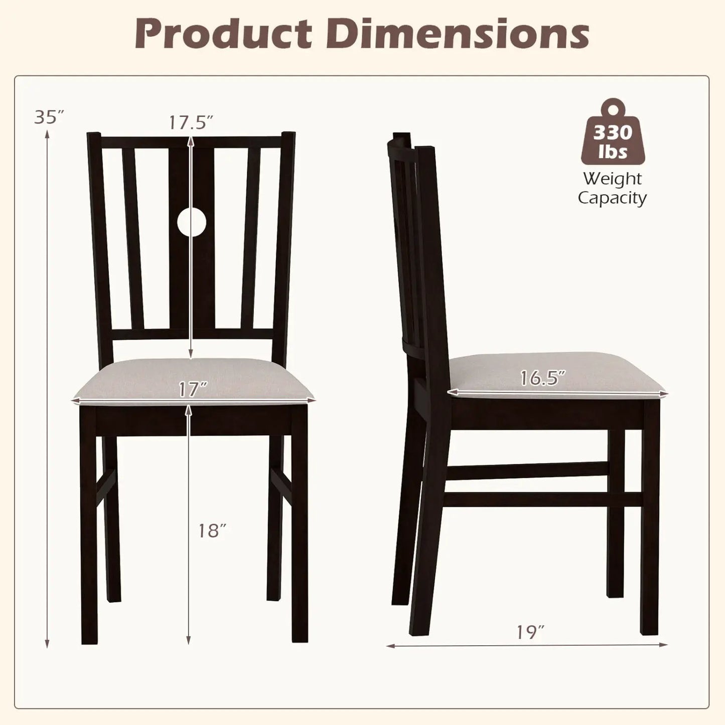 Rubber Wood Dining Chairs With Padded Seat Set 2