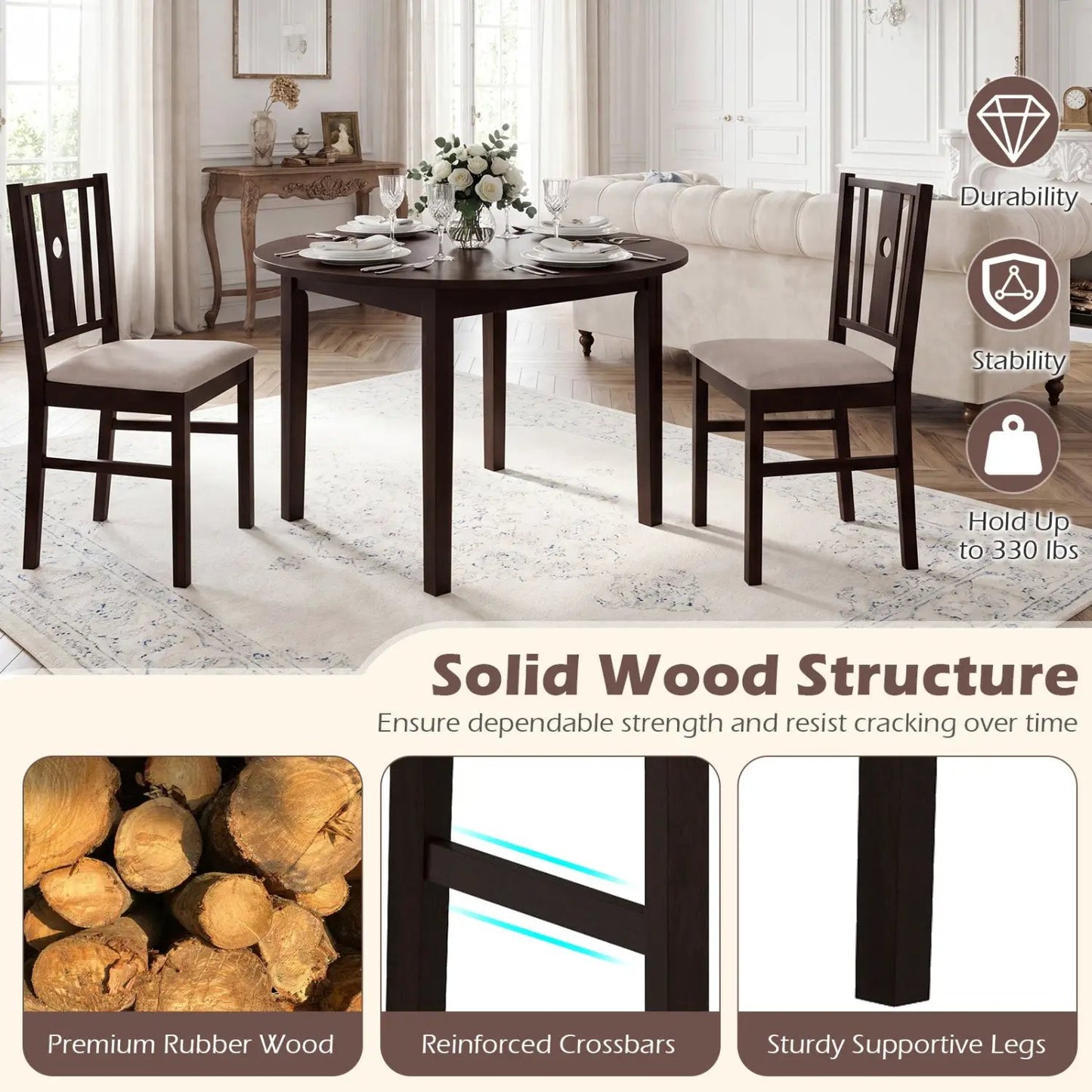 Rubber Wood Dining Chairs With Padded Seat Set 2