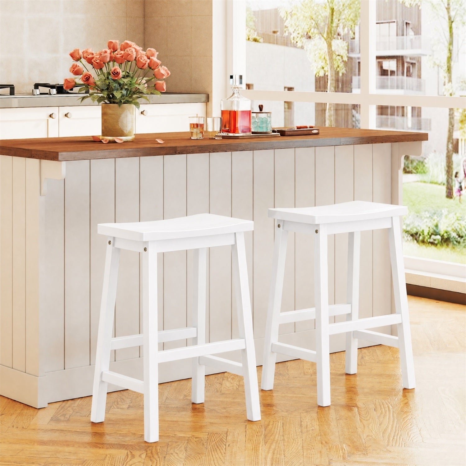 DirectDeals Saddle-Seat Counter Height Stools, white set of 2 with footrests at a kitchen island on Tampa Home & Garden Store