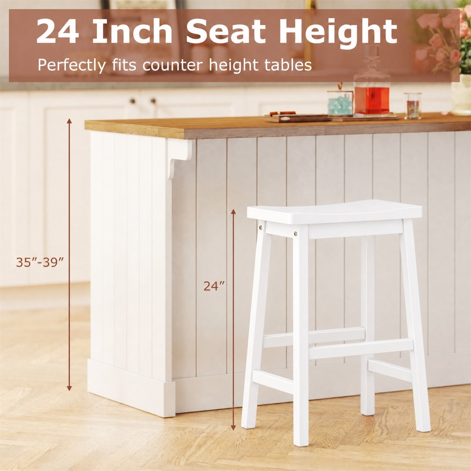 Saddle-Seat Counter Height Bar Stools pair, white wood with footrests at beadboard counter on Tampa Home & Garden Store