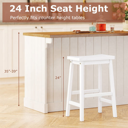 Saddle-Seat Counter Height Bar Stools pair, white wood with footrests at beadboard counter on Tampa Home & Garden Store