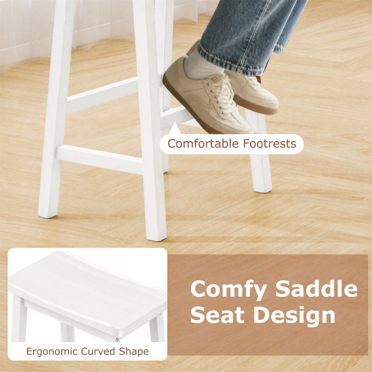 Saddle-seat counter-height bar stools set of 2, white with footrests and ergonomic curved seats on Tampa Home & Garden Store