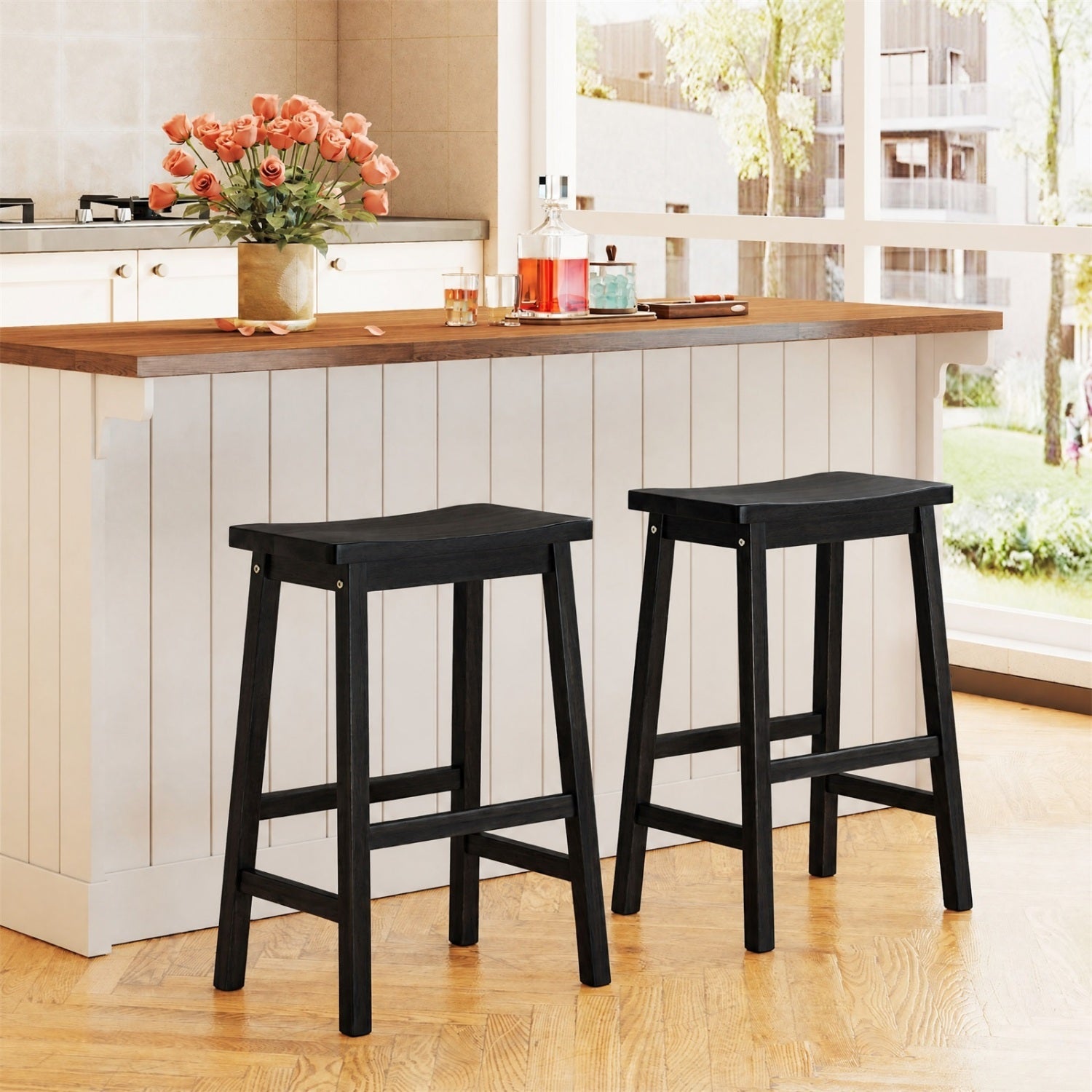 Saddle-seat counter height bar stools DirectDeals set of 2 in black wood with footrests on Tampa Home & Garden Store