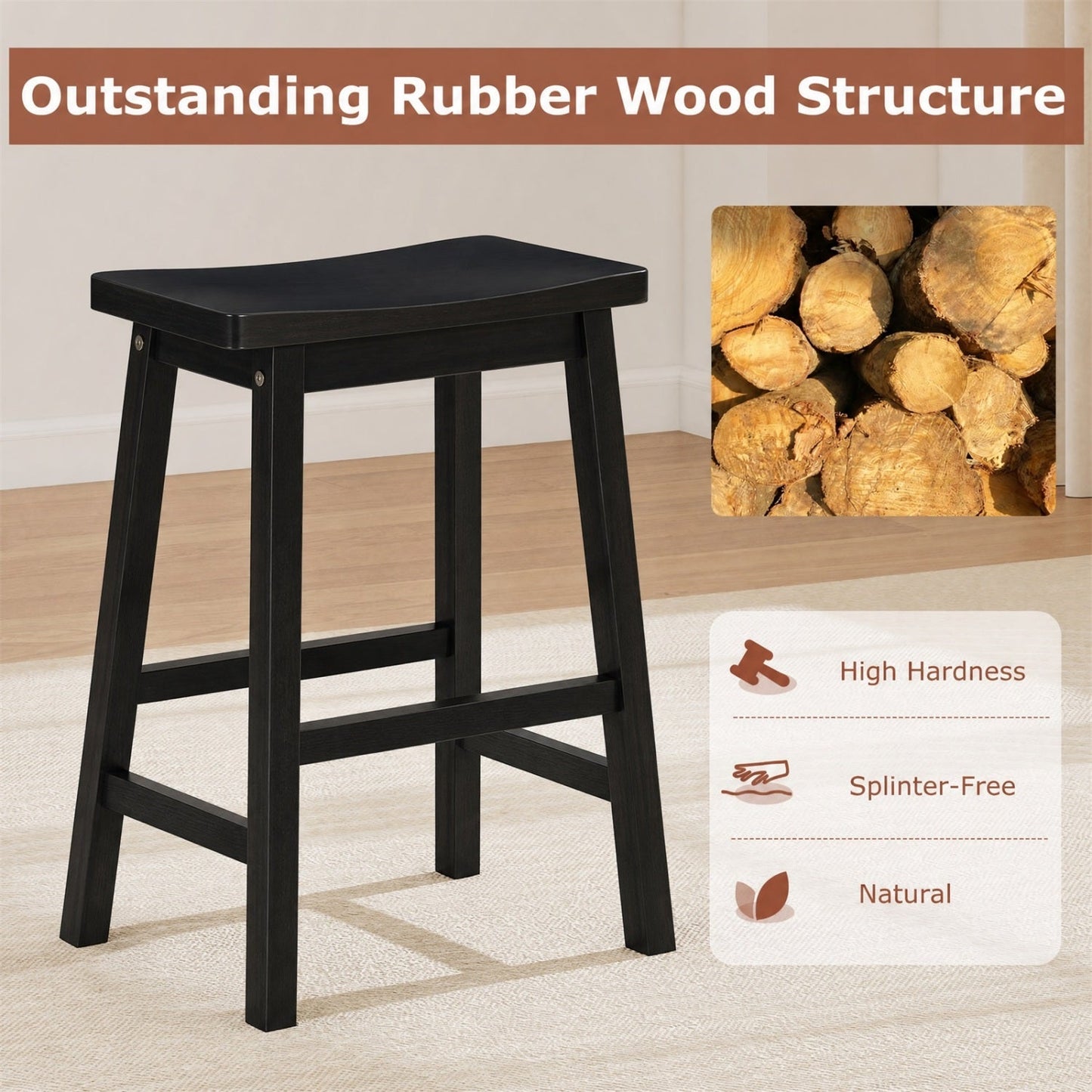 DirectDeals Saddle-Seat Counter Height Bar Stools set of 2 in black wood with footrests on Tampa Home & Garden Store