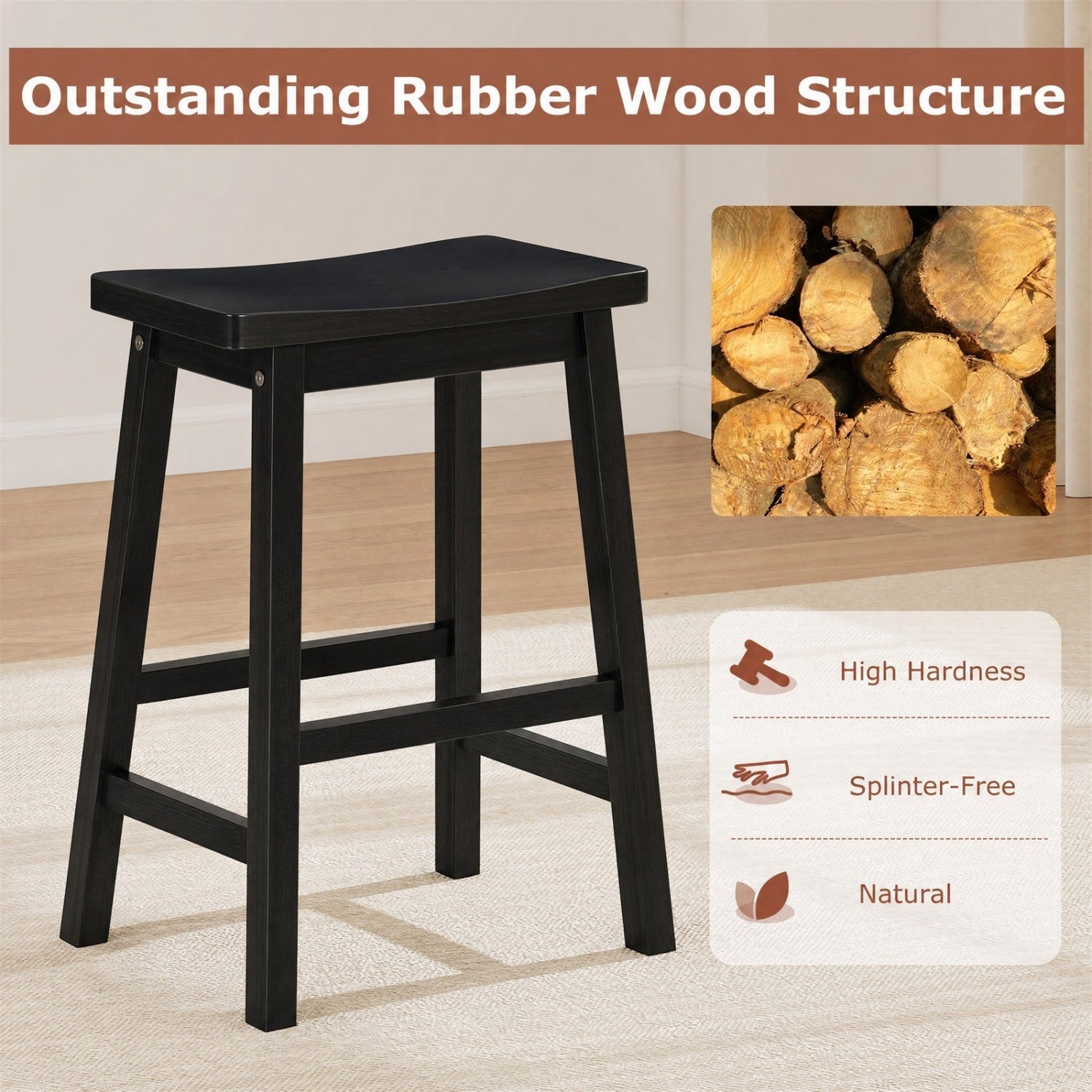 DirectDeals Saddle-Seat Counter Height Bar Stools set of 2 in black wood with footrests on Tampa Home & Garden Store