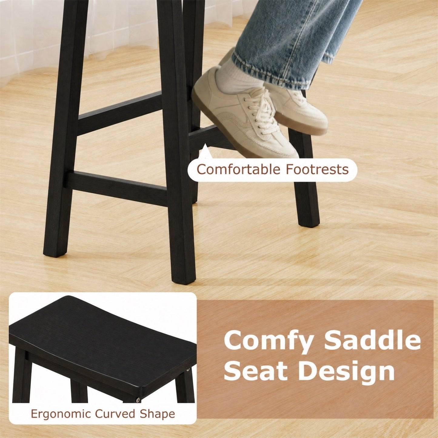 DirectDeals Saddle-Seat Counter Height Bar Stools, black wood, 2-pack with footrests on Tampa Home & Garden Store