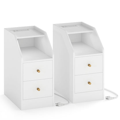 Set of 2 Side End Tables with Charging Station Sofa Couch Tables with Shelf Drawers - Tampa Home & Garden Store