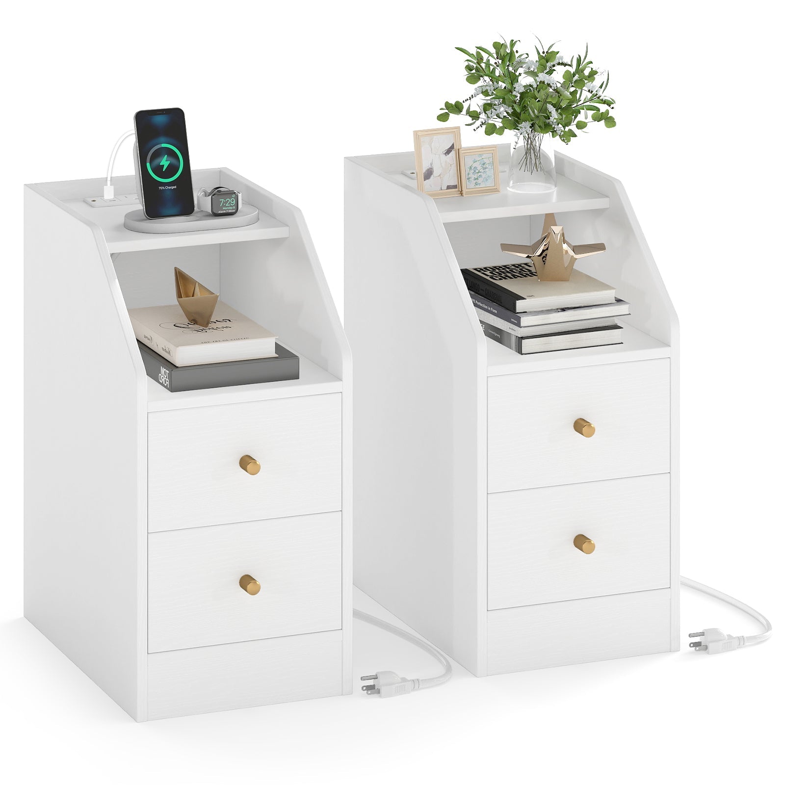 Set of 2 Side End Tables with Charging Station Sofa Couch Tables with Shelf Drawers - Tampa Home & Garden Store