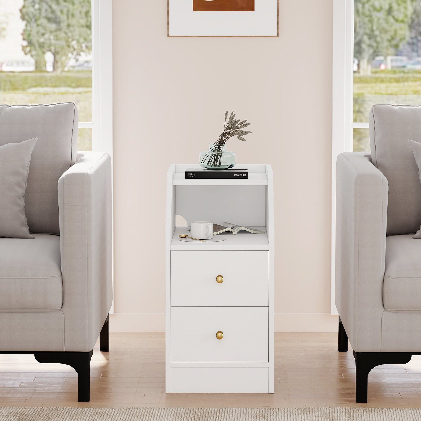 Set of 2 Side End Tables with Charging Station Sofa Couch Tables with Shelf Drawers - Tampa Home & Garden Store