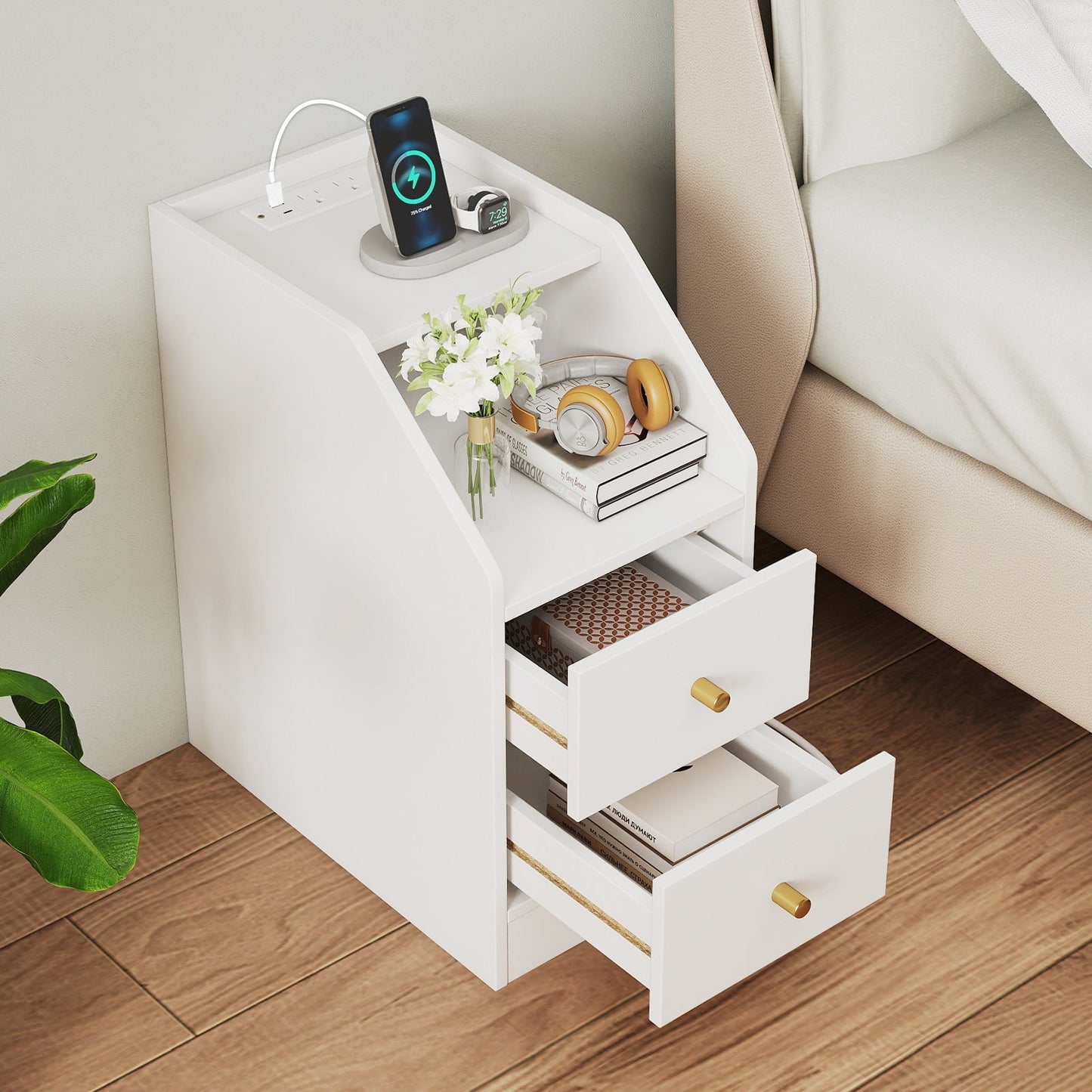 Set of 2 Side End Tables with Charging Station Sofa Couch Tables with Shelf Drawers - Tampa Home & Garden Store