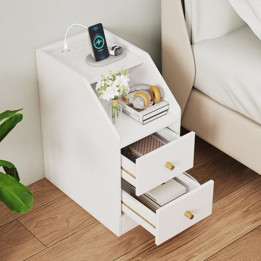 Set of 2 Side End Tables with Charging Station Sofa Couch Tables with Shelf Drawers - Tampa Home & Garden Store