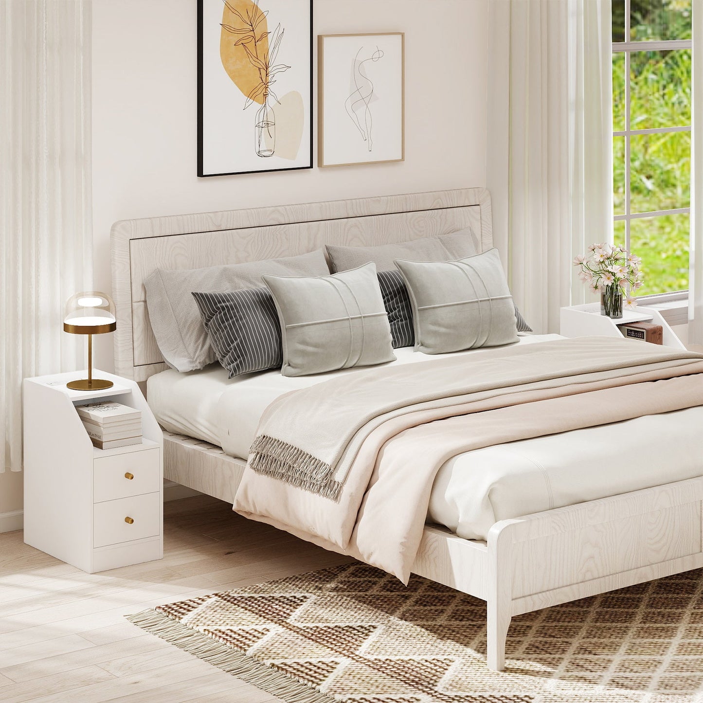 Set of 2 Side End Tables with Charging Station Sofa Couch Tables with Shelf Drawers - Tampa Home & Garden Store