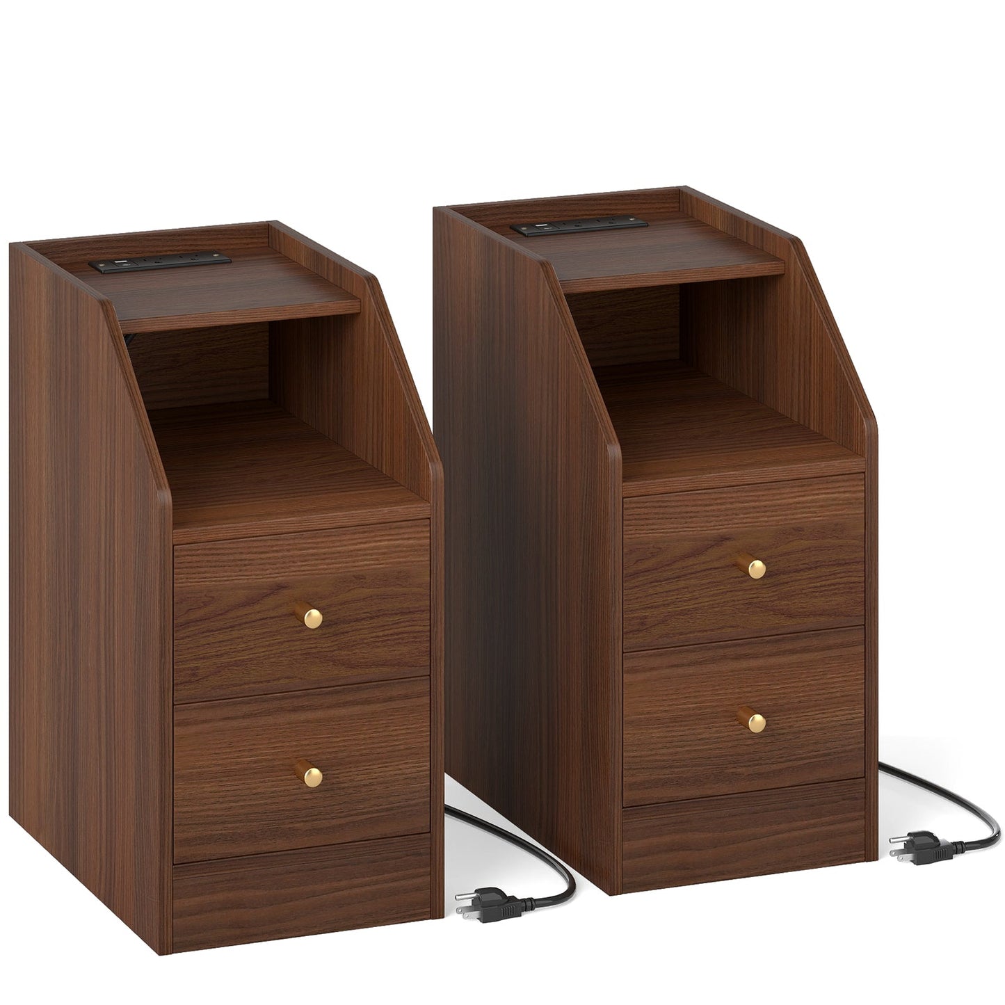 Set of 2 Side End Tables with Charging Station Sofa Couch Tables with Shelf Drawers - Tampa Home & Garden Store