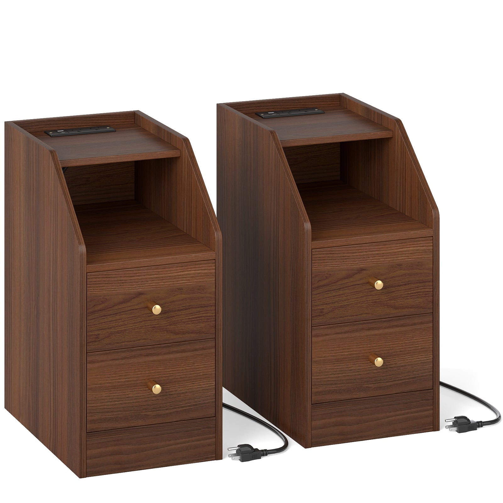 Set of 2 Side End Tables with Charging Station Sofa Couch Tables with Shelf Drawers - Tampa Home & Garden Store
