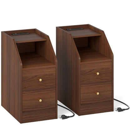 Set of 2 Side End Tables with Charging Station Sofa Couch Tables with Shelf Drawers - Tampa Home & Garden Store