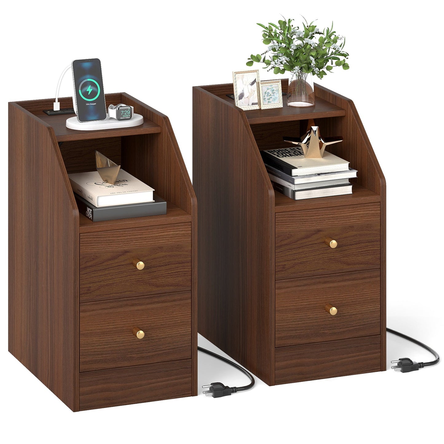 Set of 2 Side End Tables with Charging Station Sofa Couch Tables with Shelf Drawers - Tampa Home & Garden Store