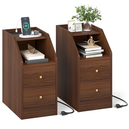 Set of 2 Side End Tables with Charging Station Sofa Couch Tables with Shelf Drawers - Tampa Home & Garden Store