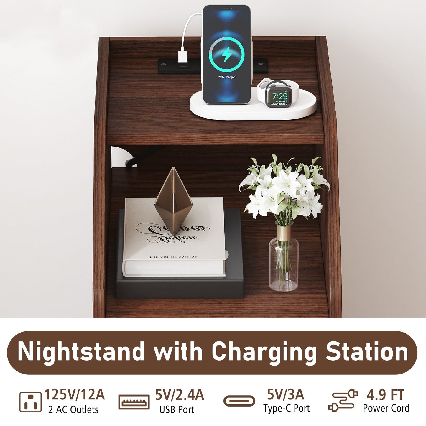 Set of 2 Side End Tables with Charging Station Sofa Couch Tables with Shelf Drawers - Tampa Home & Garden Store