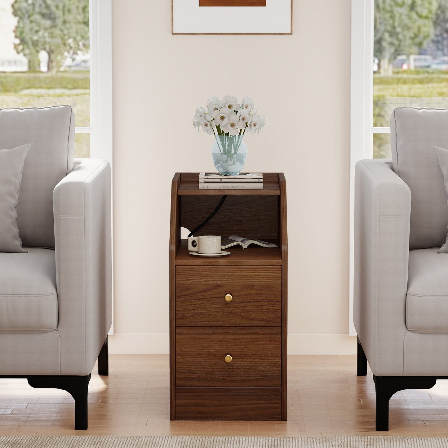 Set of 2 Side End Tables with Charging Station Sofa Couch Tables with Shelf Drawers - Tampa Home & Garden Store