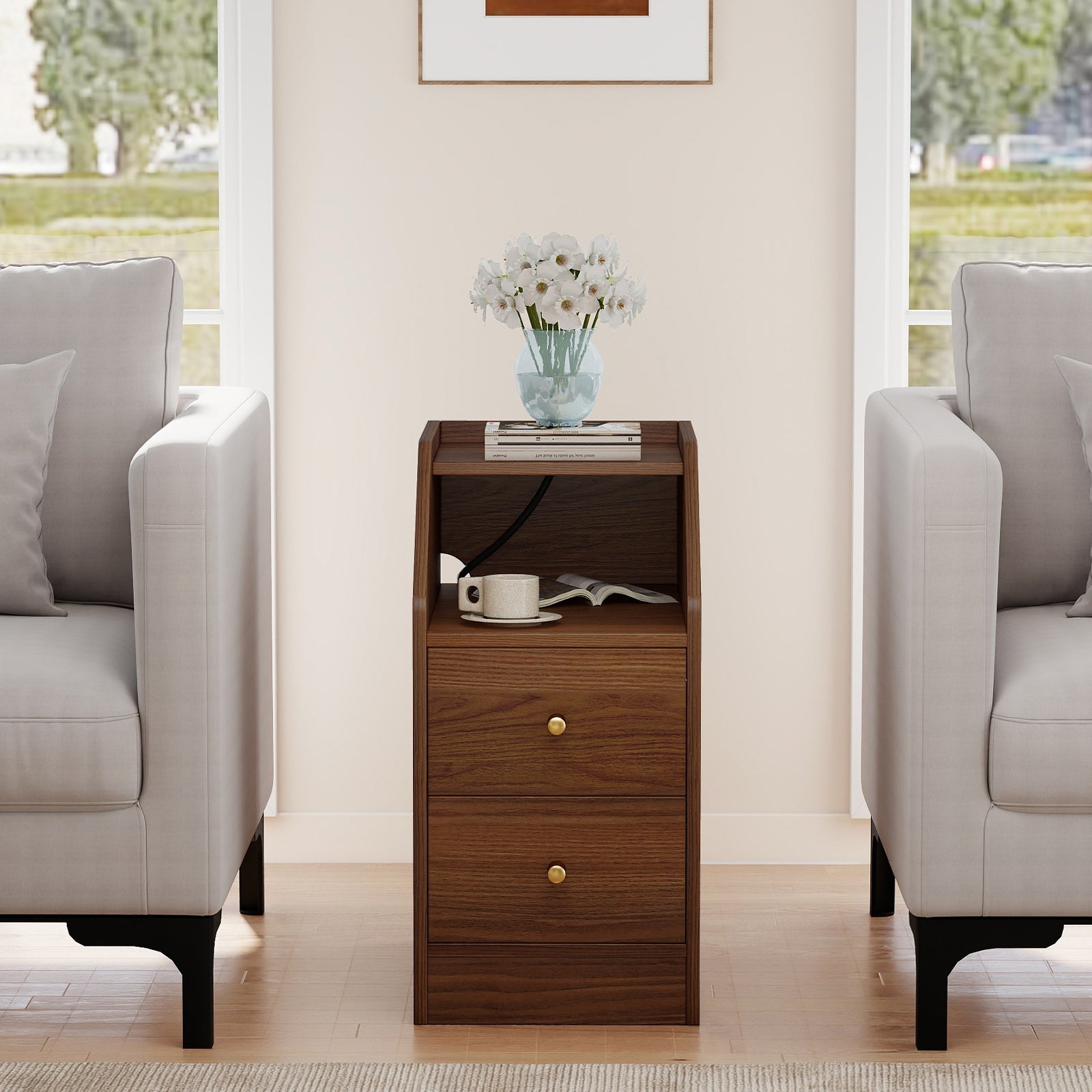 Set of 2 Side End Tables with Charging Station Sofa Couch Tables with Shelf Drawers - Tampa Home & Garden Store