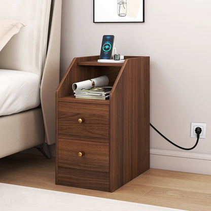 Set of 2 Side End Tables with Charging Station Sofa Couch Tables with Shelf Drawers - Tampa Home & Garden Store
