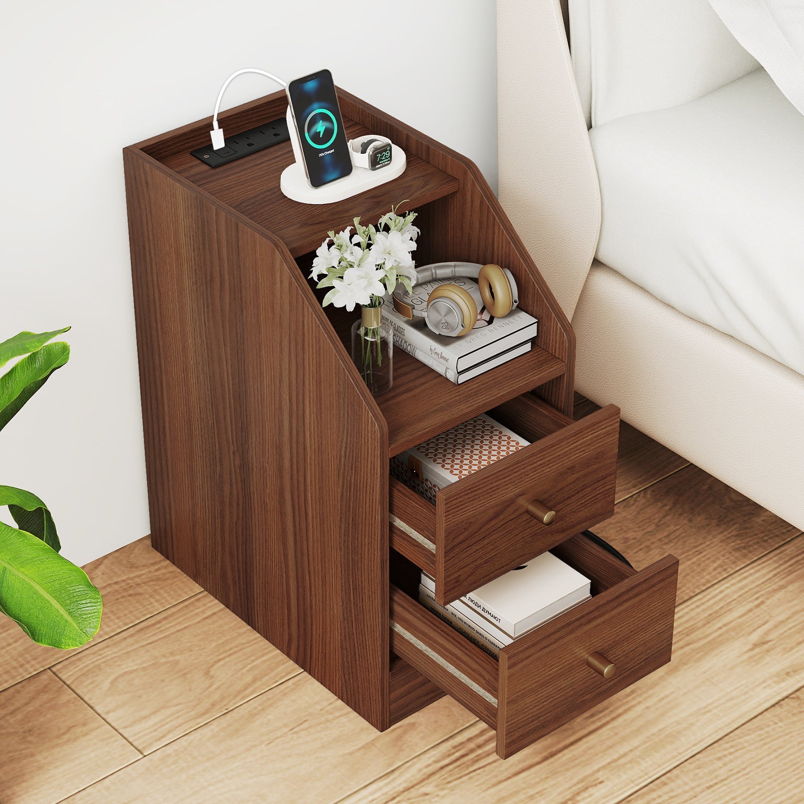 Set of 2 Side End Tables with Charging Station Sofa Couch Tables with Shelf Drawers - Tampa Home & Garden Store