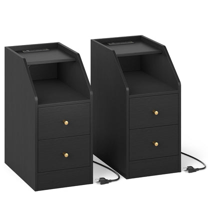Set of 2 Side End Tables with Charging Station Sofa Couch Tables with Shelf Drawers - Tampa Home & Garden Store