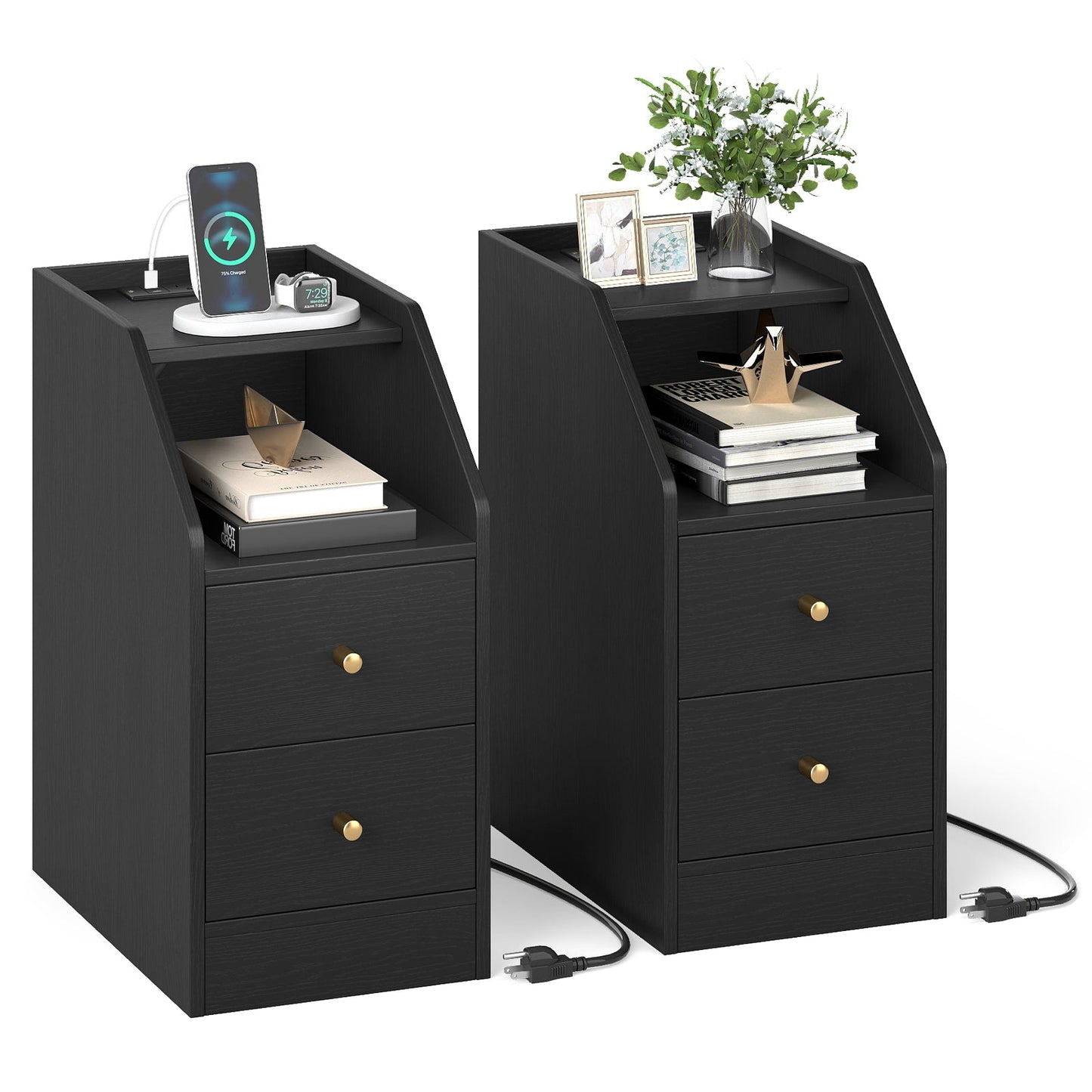 Set of 2 Side End Tables with Charging Station Sofa Couch Tables with Shelf Drawers - Tampa Home & Garden Store