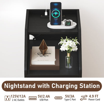 Set of 2 Side End Tables with Charging Station Sofa Couch Tables with Shelf Drawers - Tampa Home & Garden Store