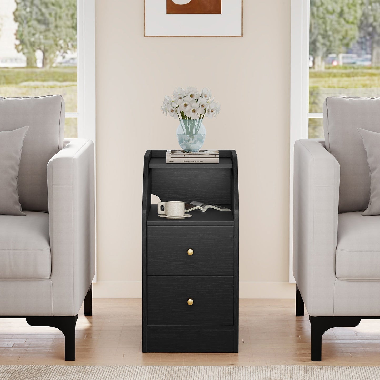 Set of 2 Side End Tables with Charging Station Sofa Couch Tables with Shelf Drawers - Tampa Home & Garden Store