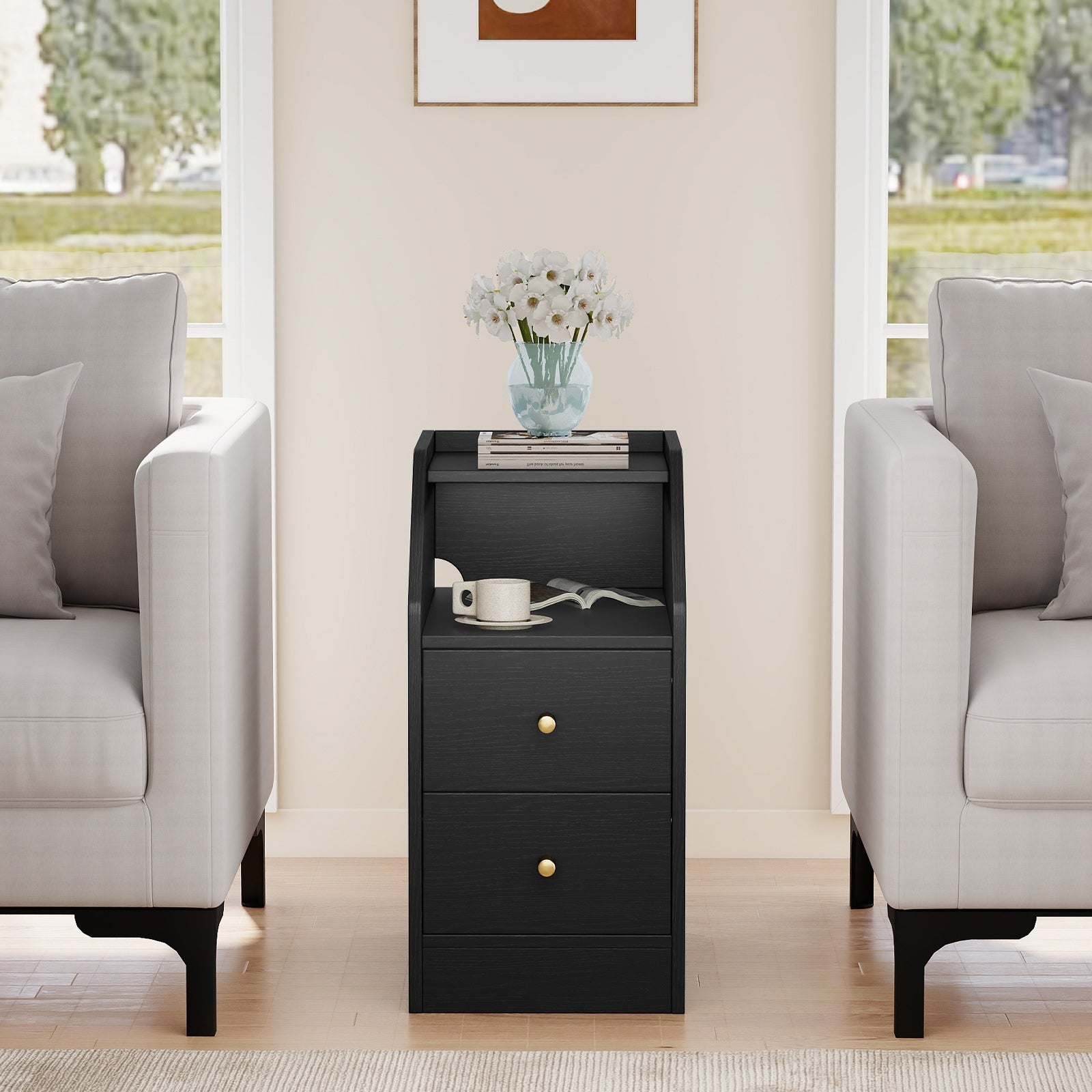 Set of 2 Side End Tables with Charging Station Sofa Couch Tables with Shelf Drawers - Tampa Home & Garden Store