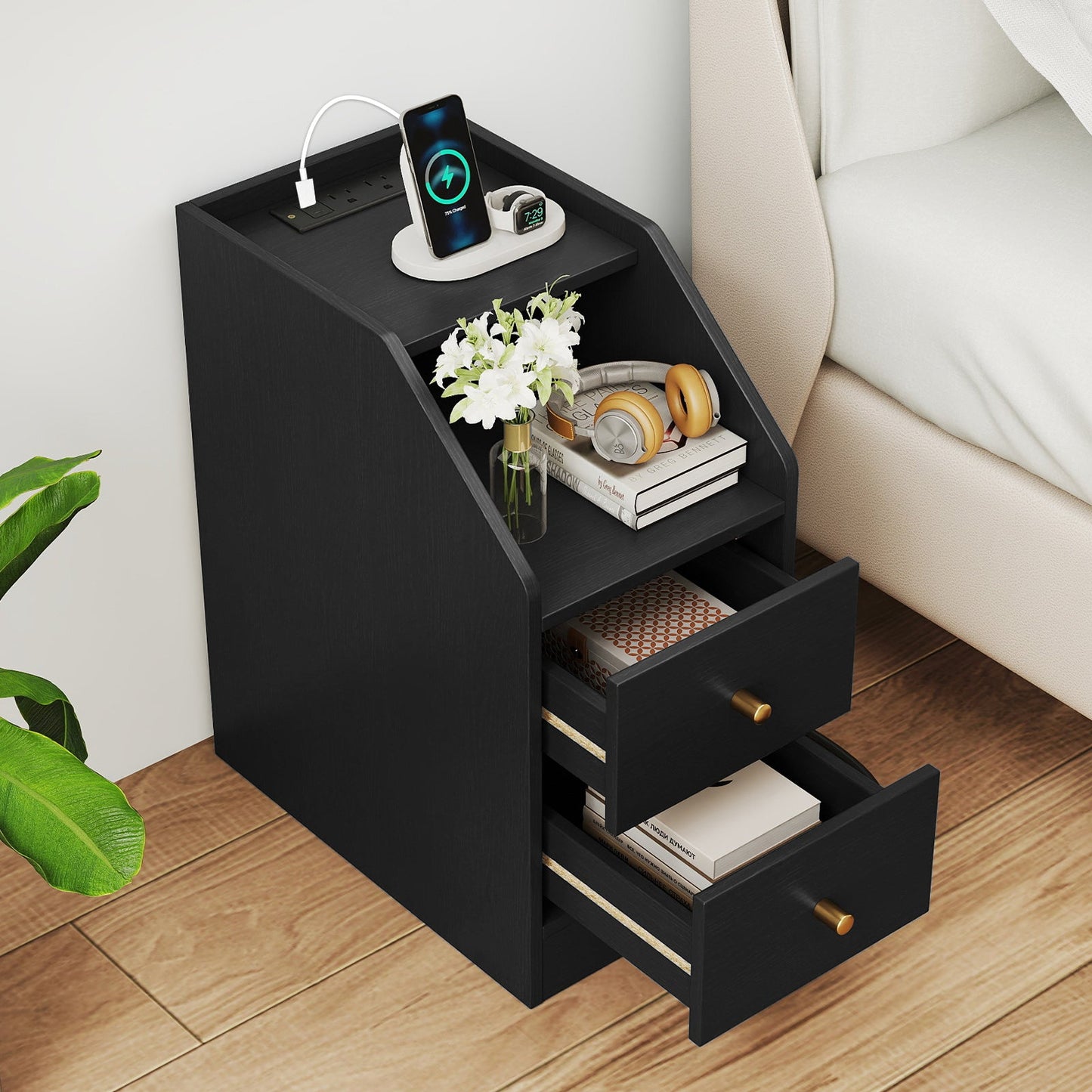 Set of 2 Side End Tables with Charging Station Sofa Couch Tables with Shelf Drawers - Tampa Home & Garden Store