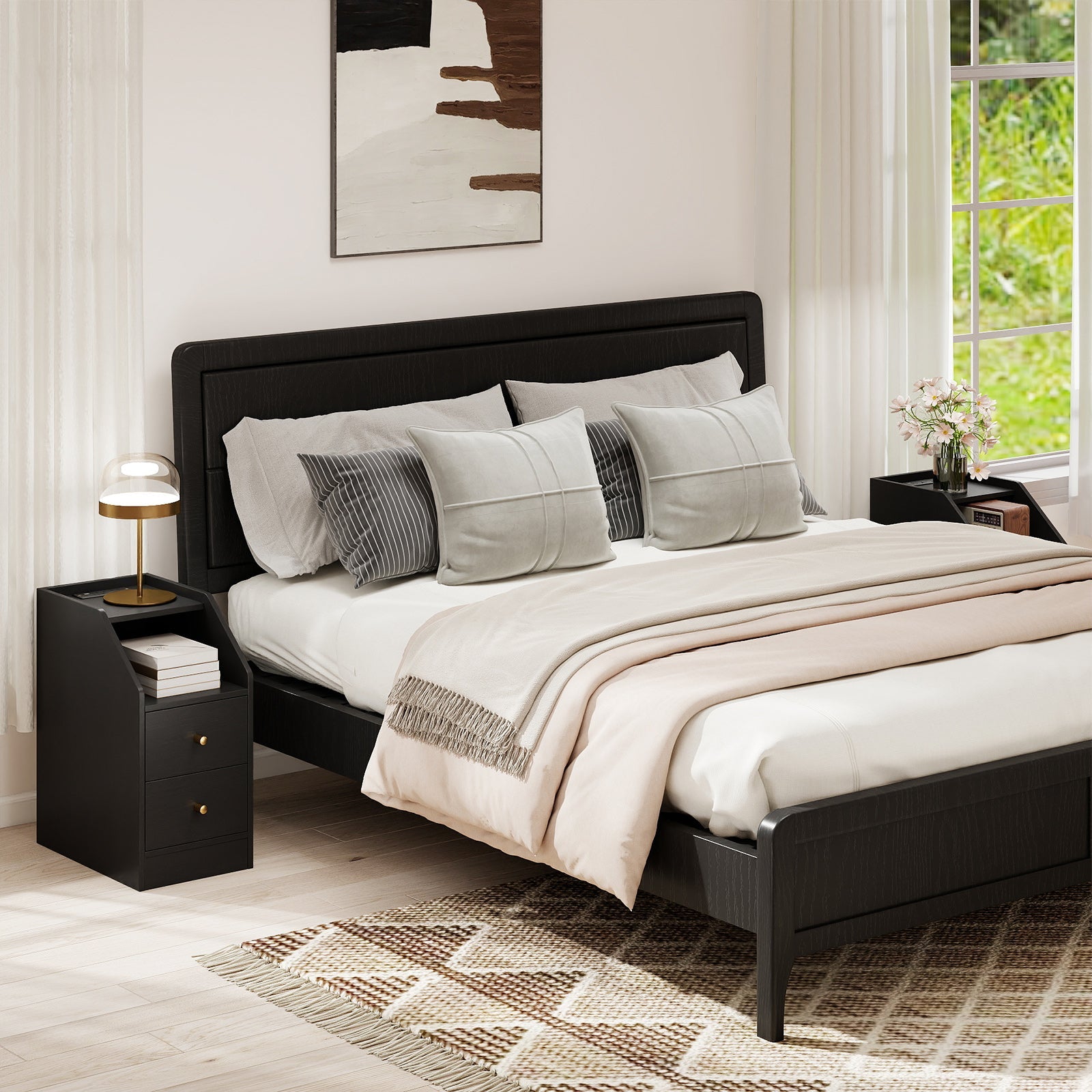 Set of 2 Side End Tables with Charging Station Sofa Couch Tables with Shelf Drawers - Tampa Home & Garden Store