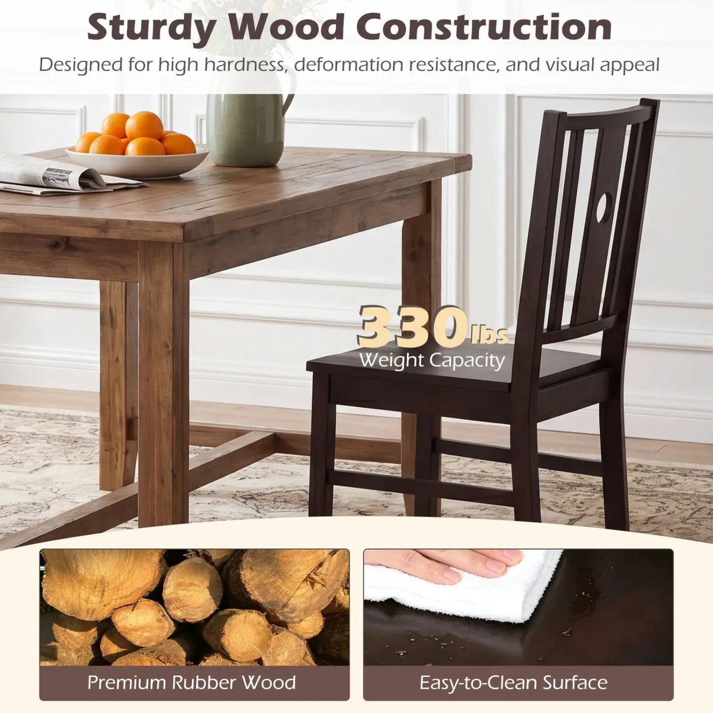 Solid Rubber Wood Dining Chairs Set of 2
