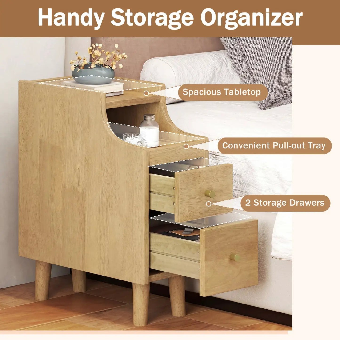 Set of 2 Solid Wood Night Stands with Drawers