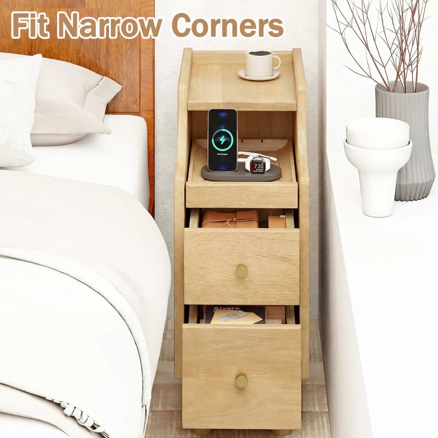 Set of 2 Solid Wood Night Stands with Drawers