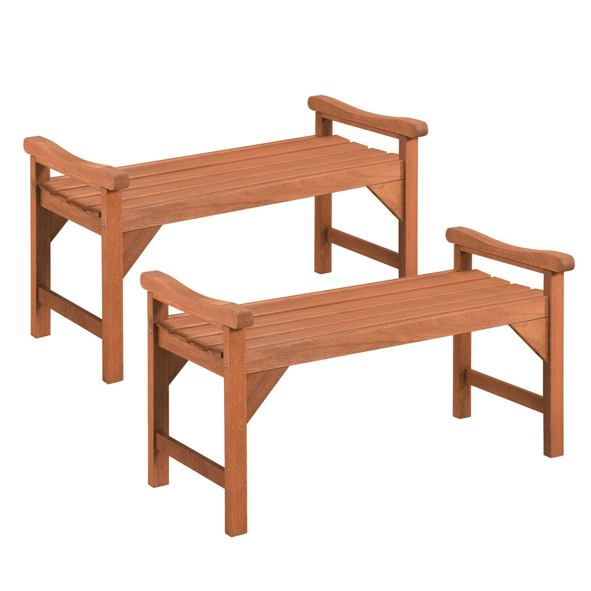 Solid Wood Backless Garden Bench Set with Support Handles by DirectDeals, set of 2 outdoor slatted benches in brown on Tampa Home & Garden Store