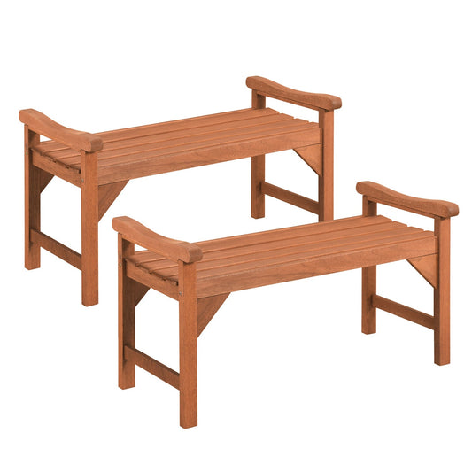 Solid Wood Backless Garden Bench Set with Support Handles by DirectDeals, set of 2 outdoor slatted benches in brown on Tampa Home & Garden Store
