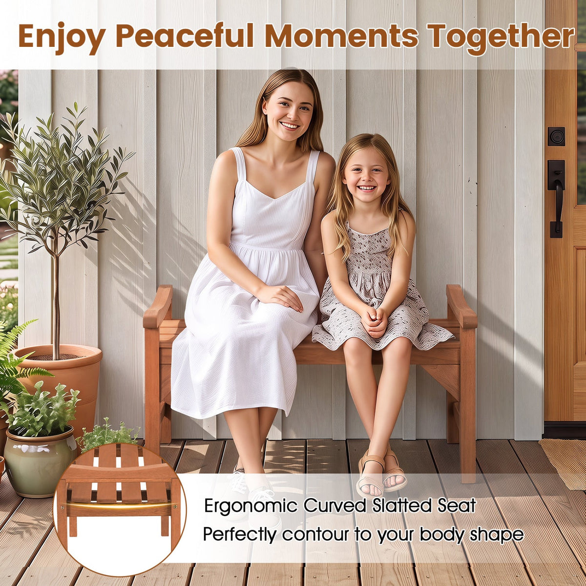 Solid wood backless garden bench with curved slatted seat and handles on Tampa Home & Garden Store