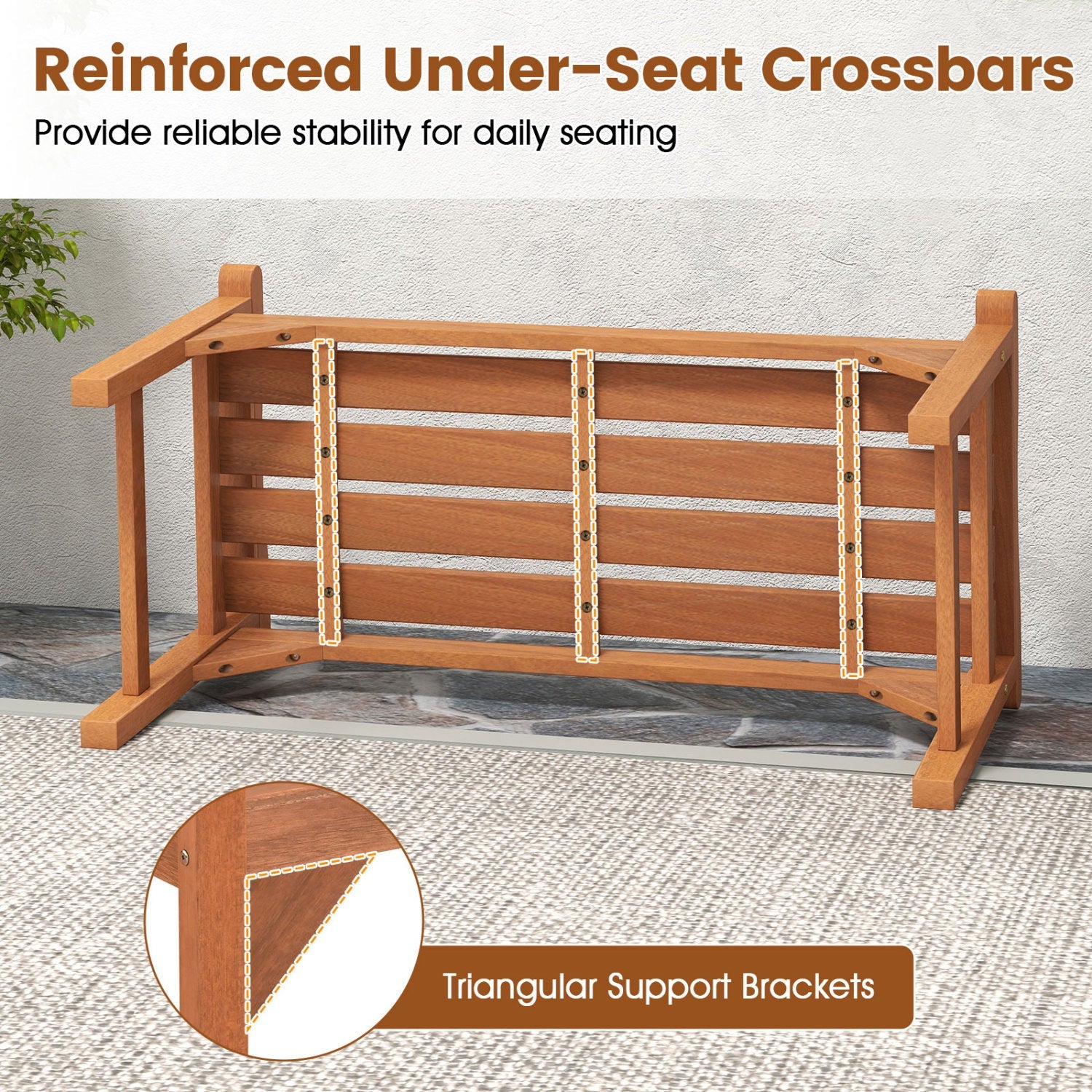 Solid wood backless outdoor garden bench with triangular support brackets on Tampa Home & Garden Store