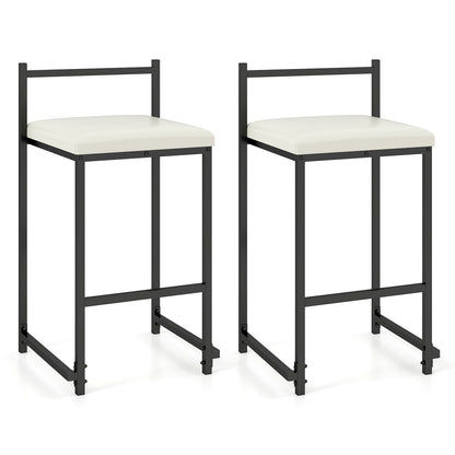 Set of 2 Stackable Counter Height Bar Stools PU Leather Upholstered with Footrest-Black