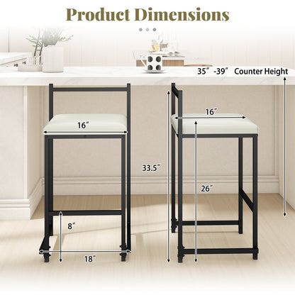 Set of 2 Stackable Counter Height Bar Stools PU Leather Upholstered with Footrest-Black