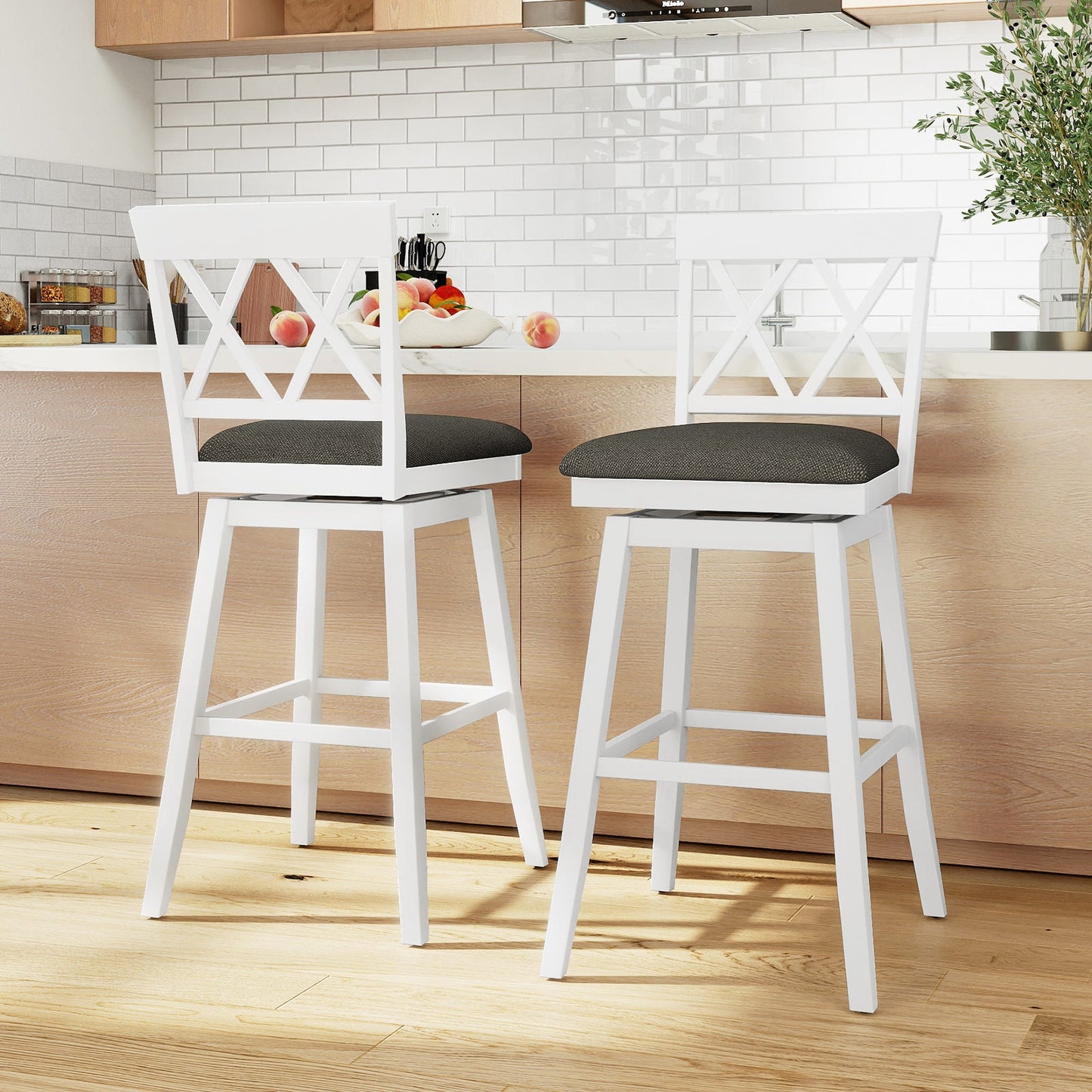 Set of 2 Swivel Bar Stools Counter Height Barstools with Backrest Upholstered Seat Cushion