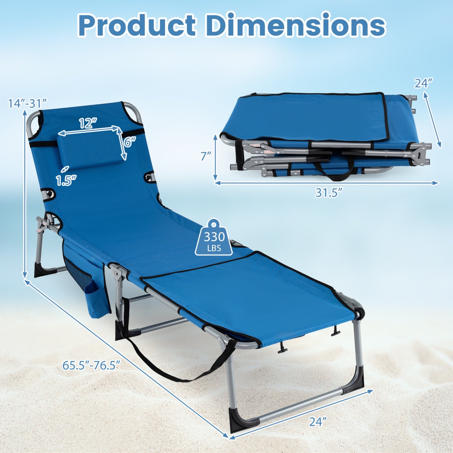 Set of 2 Tanning Chairs with Face Arm Holes Portable with 4-Level Backrest - Tampa Home & Garden Store