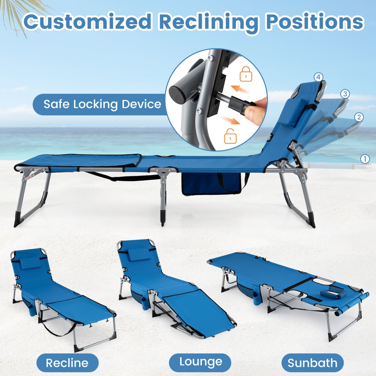 Set of 2 Tanning Chairs with Face Arm Holes Portable with 4-Level Backrest - Tampa Home & Garden Store