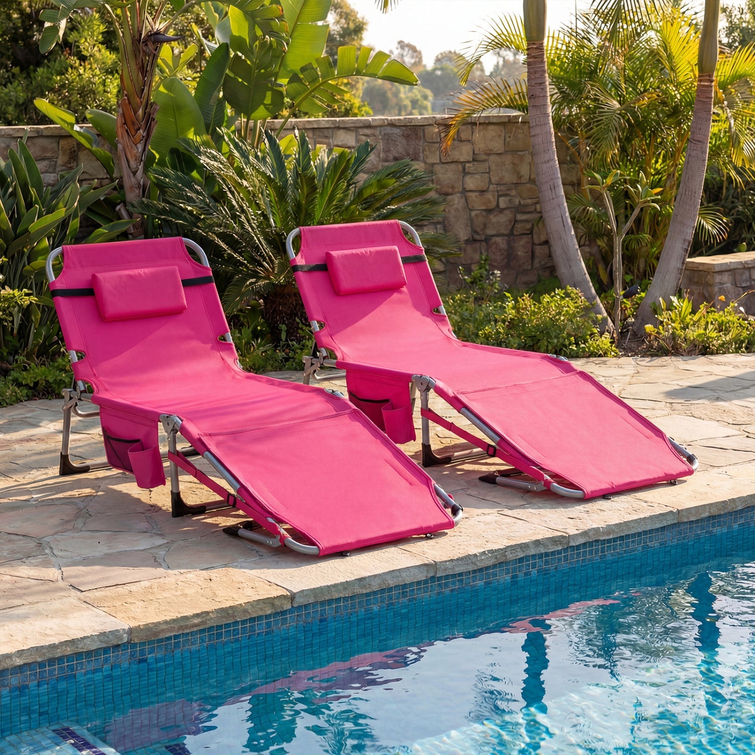 Set of 2 Tanning Chairs with Face Arm Holes Portable with 4-Level Backrest - Tampa Home & Garden Store