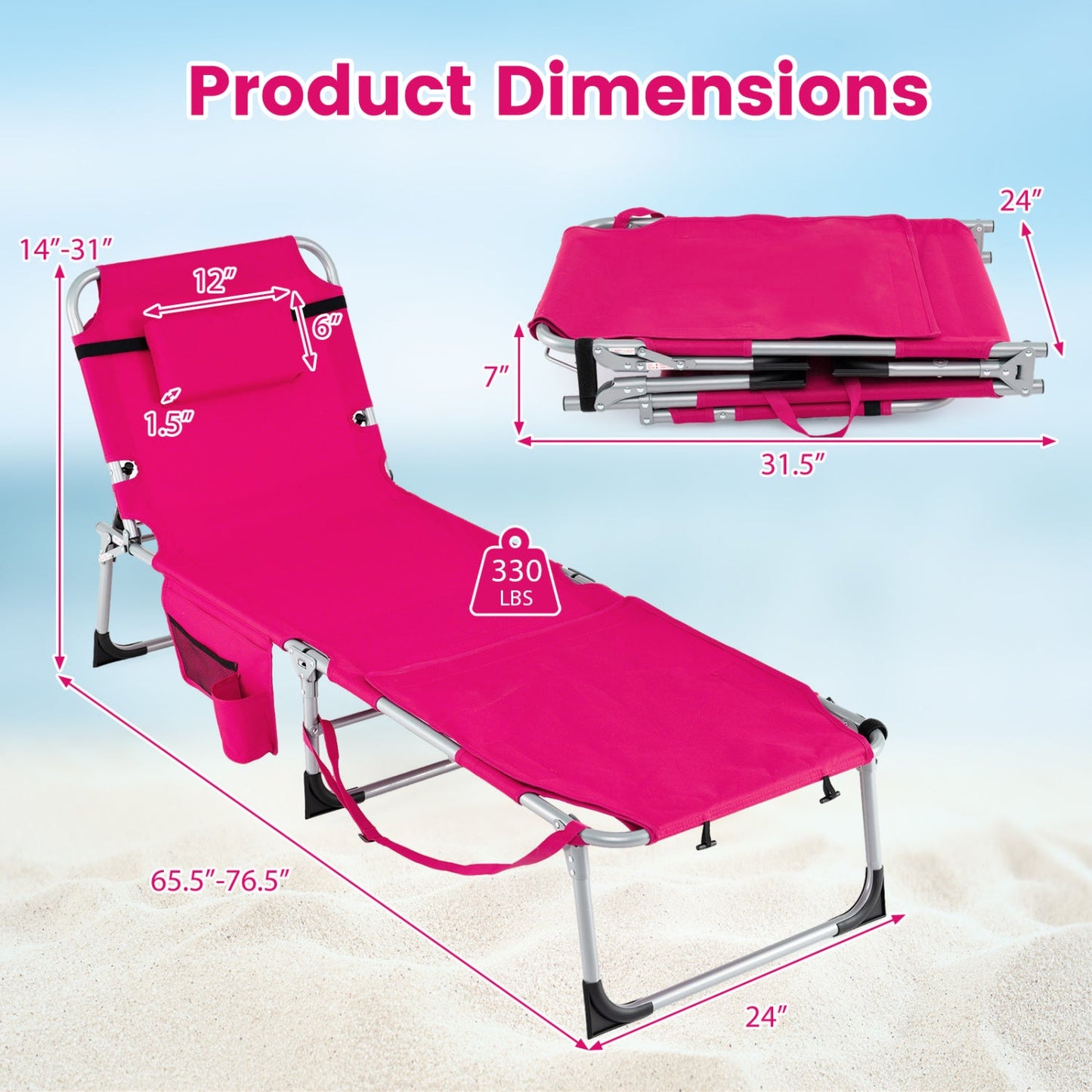 Set of 2 Tanning Chairs with Face Arm Holes Portable with 4-Level Backrest - Tampa Home & Garden Store