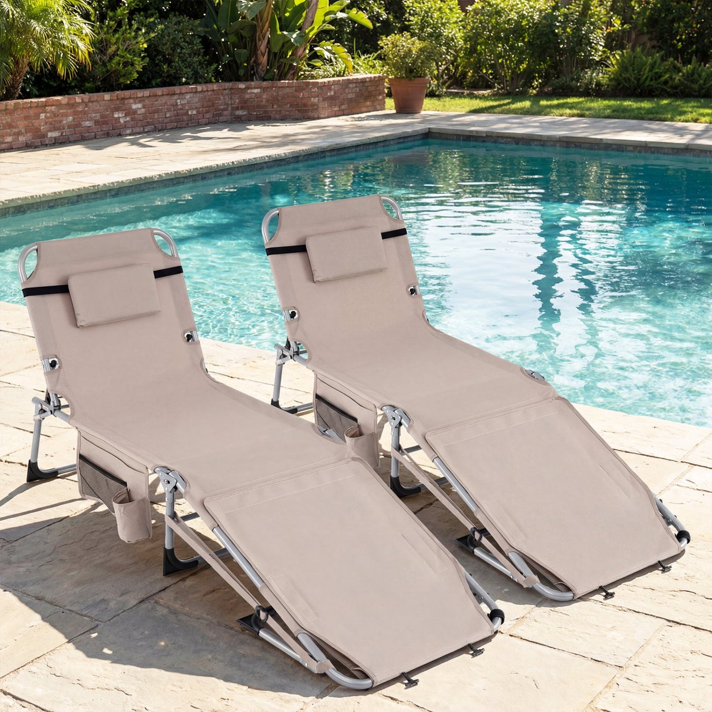 Set of 2 Tanning Chairs with Face Arm Holes Portable with 4-Level Backrest - Tampa Home & Garden Store