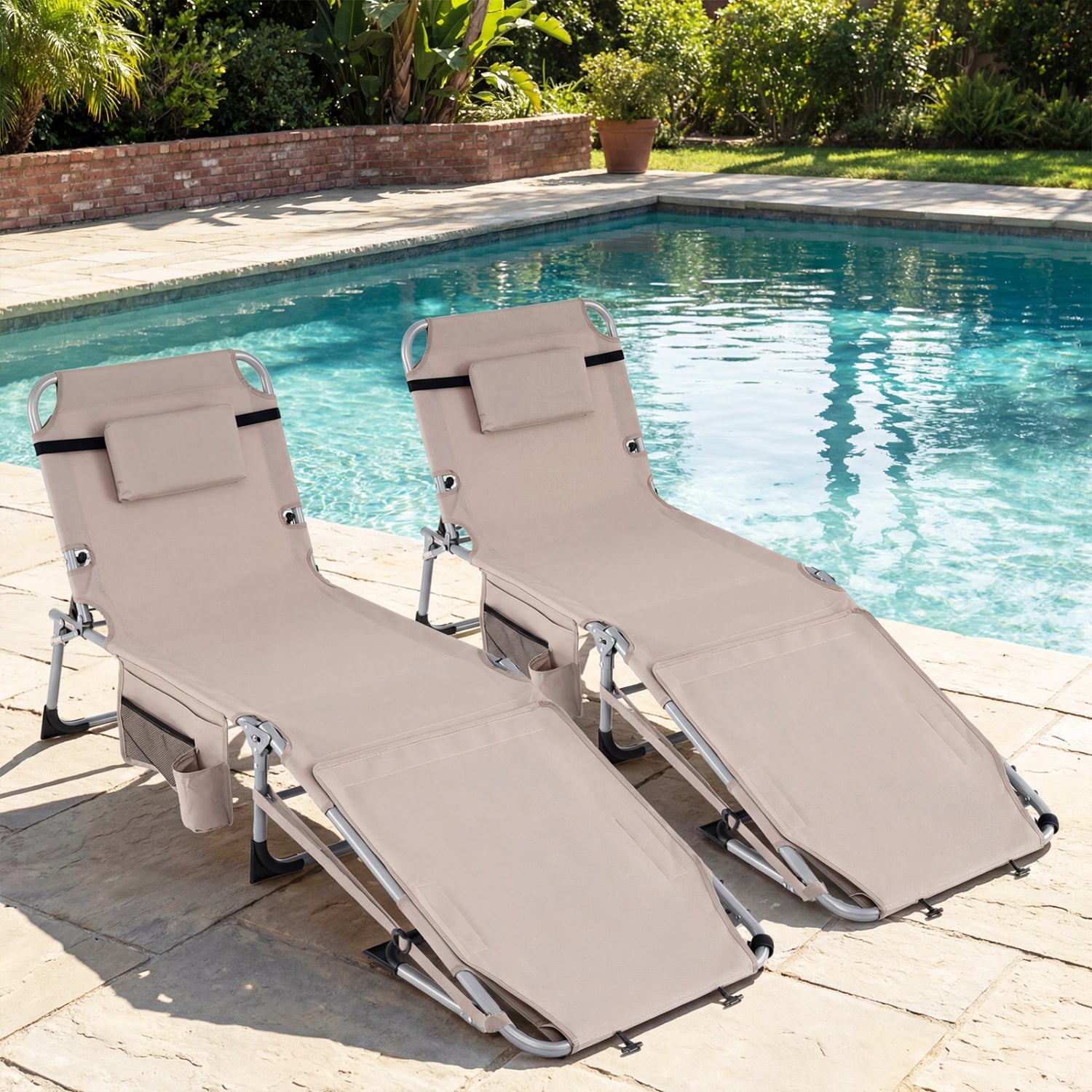Set of 2 Tanning Chairs with Face Arm Holes Portable with 4-Level Backrest - Tampa Home & Garden Store
